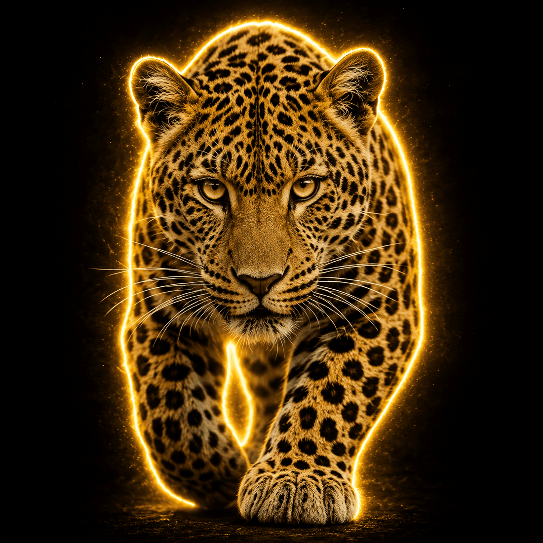 Neon amber outline of an Amur leopard walking toward the viewer
